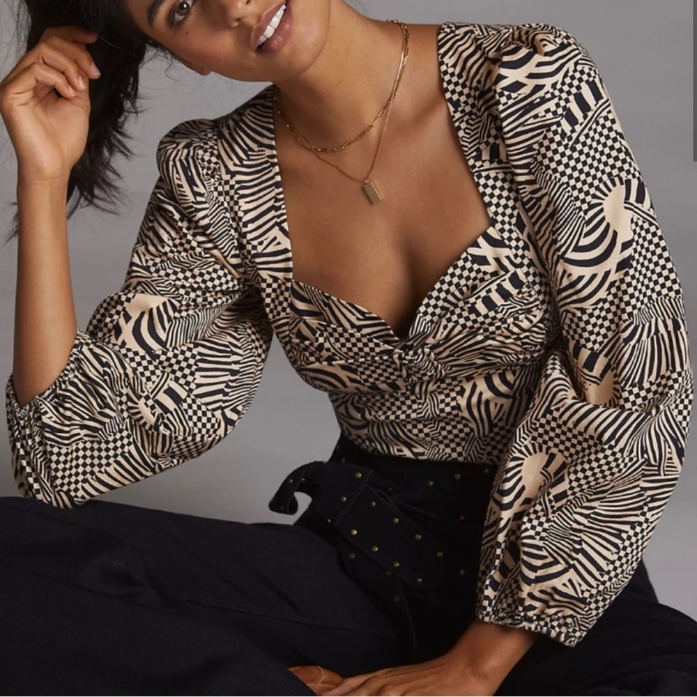 Anthropologie Farm Rio Puff-Sleeved Sweetheart Blouse
